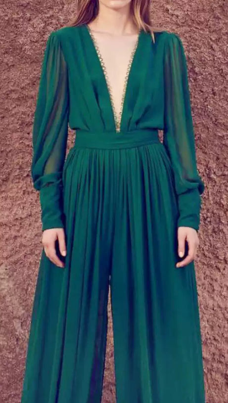 EMERALD GREEN CHIFFON MAXI DRESS WITH SHEER SLEEVES AND KEYHOLE BACK