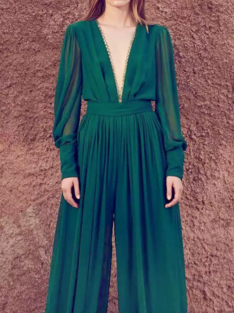 AIIZIE EMERALD GREEN CHIFFON MAXI DRESS WITH SHEER SLEEVES AND KEYHOLE BACK - product image