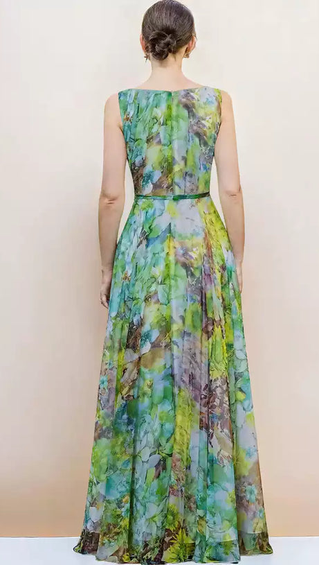 WATERCOLOR FLORAL CHIFFON SLEEVELESS HOCO MAXI DRESS