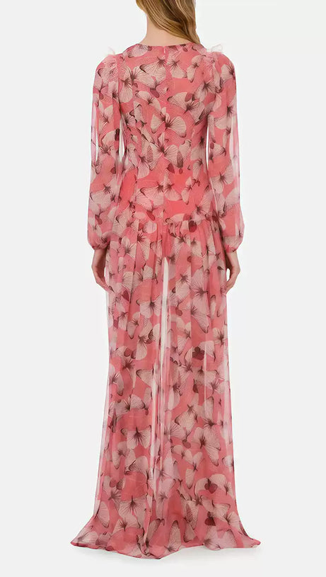 PINK FLORAL DEEP V - NECK MAXI DRESS WITH LONG SLEEVES
