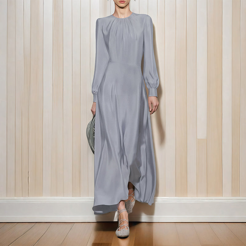SILVER SATIN MAXI DRESS WITH LONG SLEEVES AND PLEATED NECKLINE