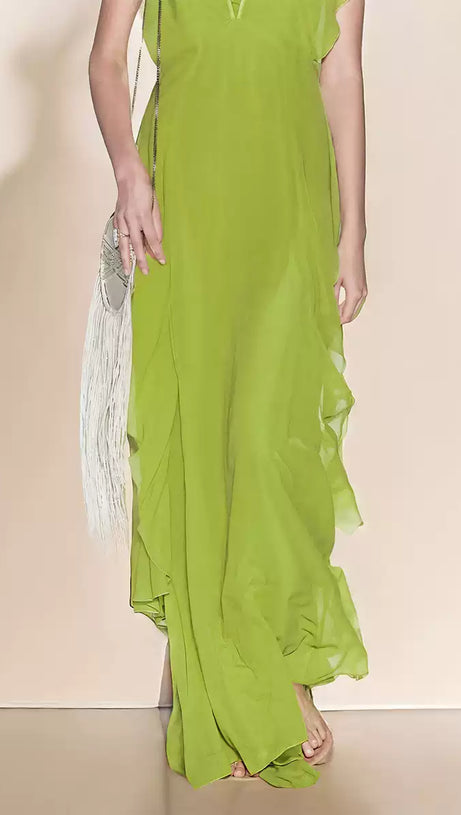ELEGANT LIME GREEN CHIFFON MAXI DRESS WITH LAYERED DETAILS