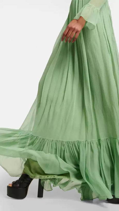 ELEGANT GREEN MAXI DRESS WITH SHEER LONG SLEEVES