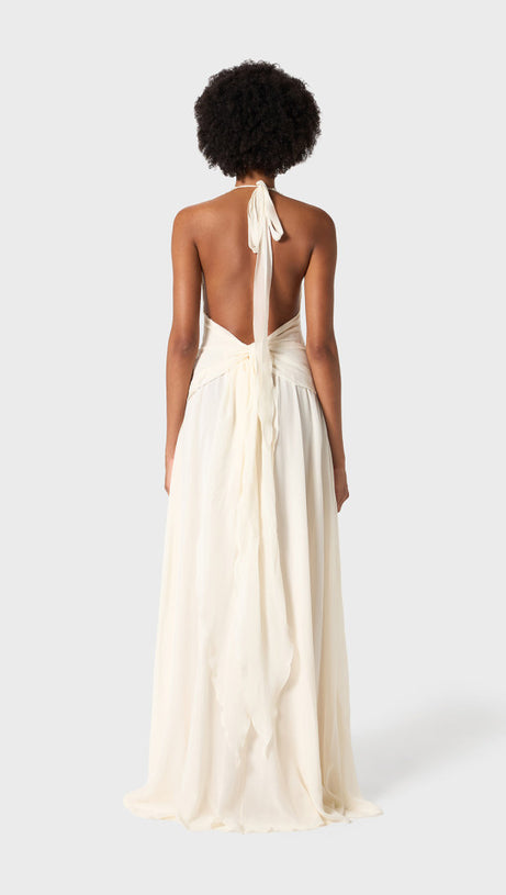 AONAVER FLORAL RUFFLE HALTER MAXI DRESS IN WHITE
