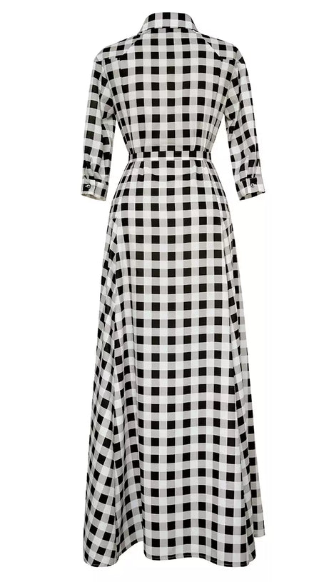 BLACK AND WHITE CHECKERED SHIRT DRESS WITH BELT
