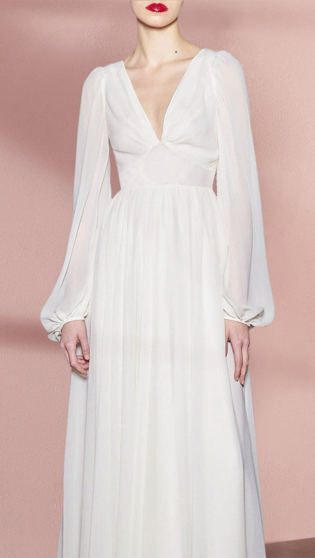 Weißes elegantes Chiffon-Maxikleid mit V-Ausschnitt und langen Ärmeln 