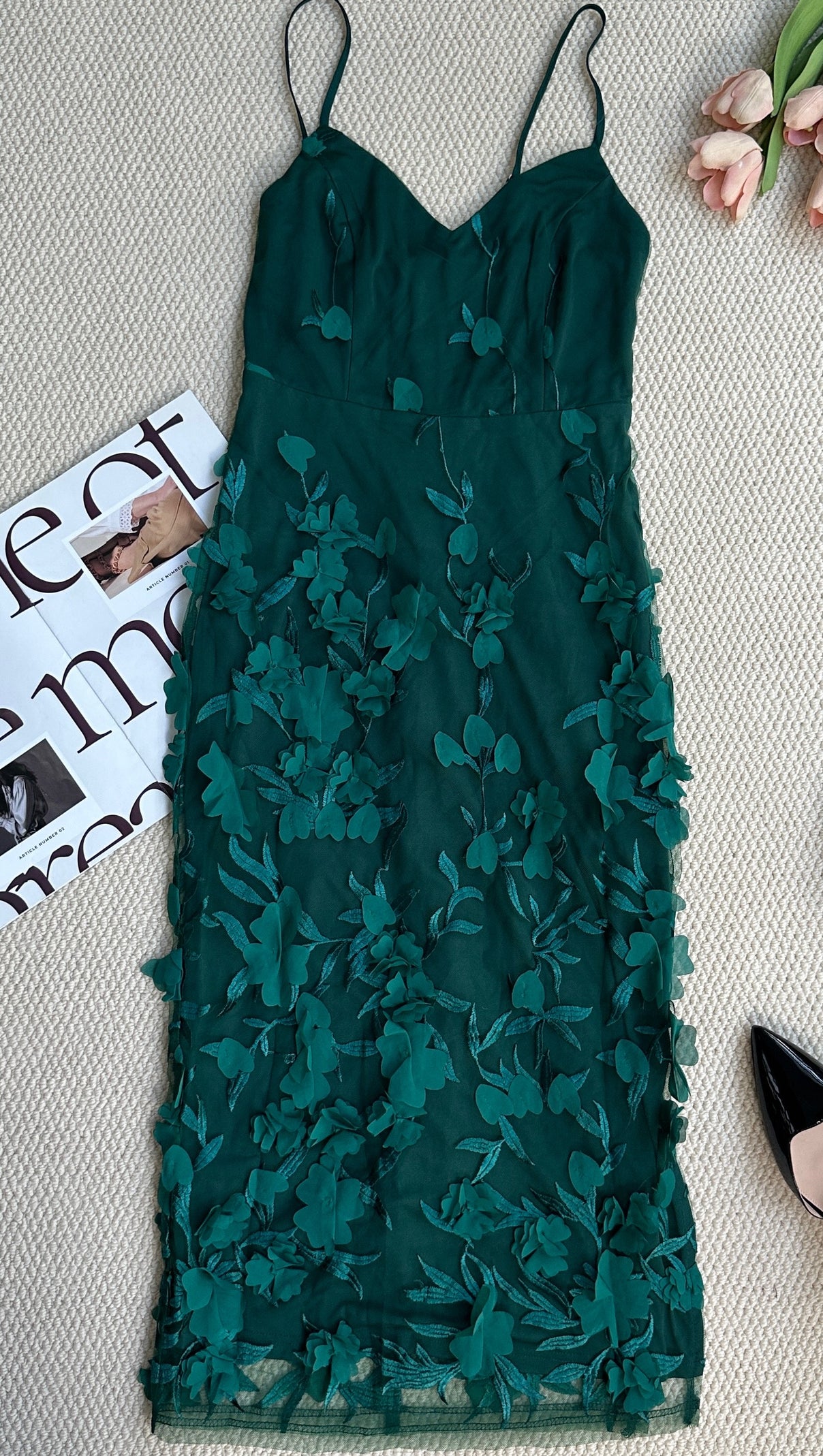 AIIZIE EMERALD 3D FLORAL EMBROIDERED MIDI DRESS - product image