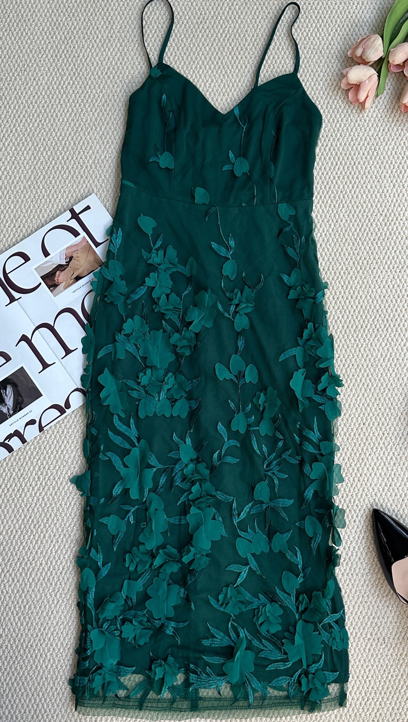 EMERALD 3D FLORAL EMBROIDERED MIDI DRESS