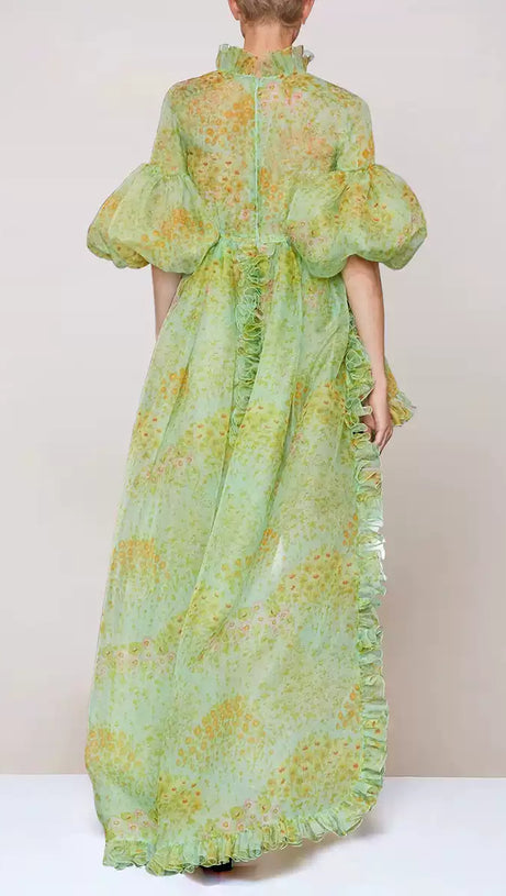 GREEN ELEGANT FLORAL CHIFFON MAXI DRESS WITH RUFFLES AND BELT