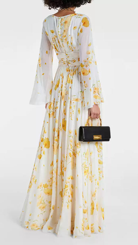 YELLOW FLORAL PRINT WRAP V - NECK MAXI DRESS WITH BELL SLEEVES