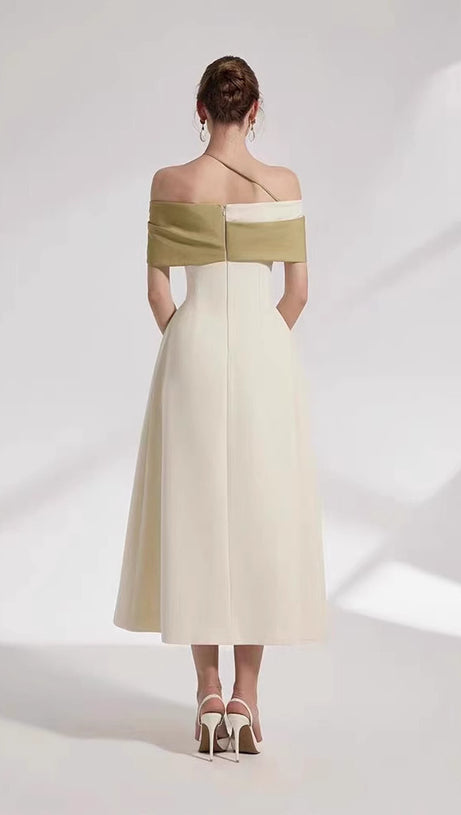 A-LINE OPEN SHOULDER COTTON CREPE MIDI DRESS IN BEIGE