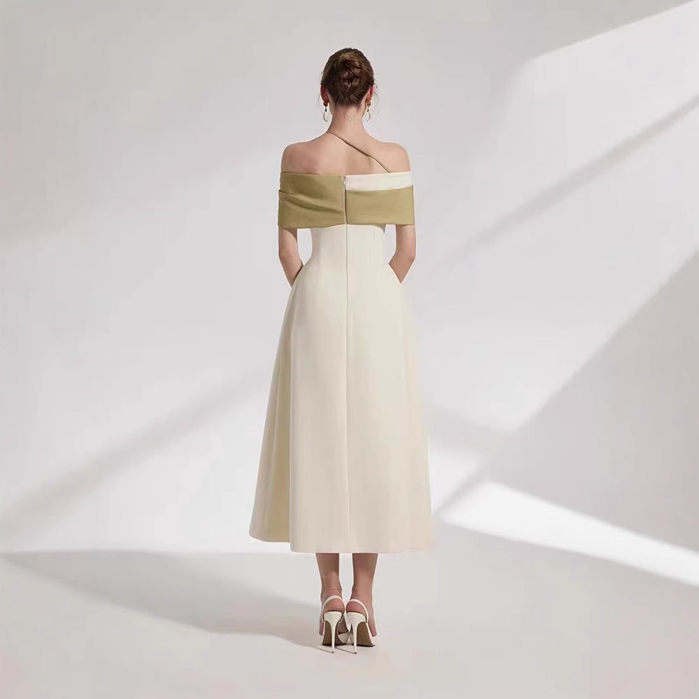 AIIZIE A-LINE OPEN SHOULDER COTTON CREPE MIDI DRESS IN BEIGE - product image