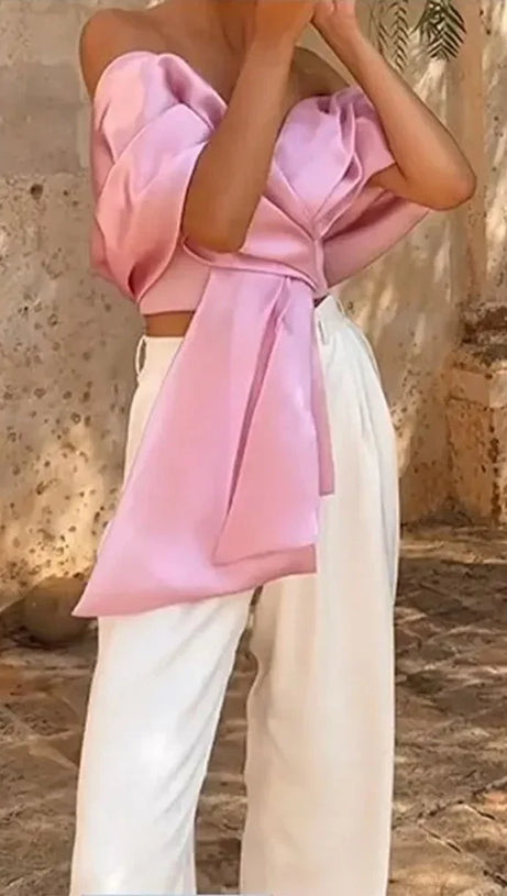 SAMIRA BOW CROSS OFF SHOULDER SATIN TOP