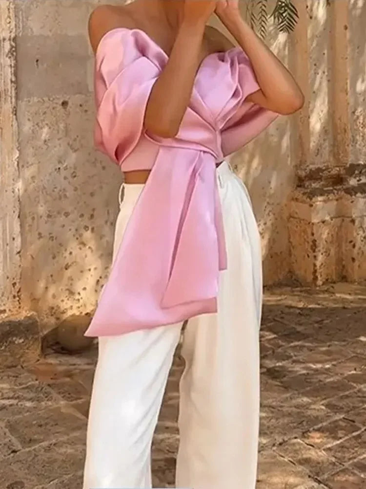 AIIZIE SAMIRA BOW CROSS OFF SHOULDER SATIN TOP - product image
