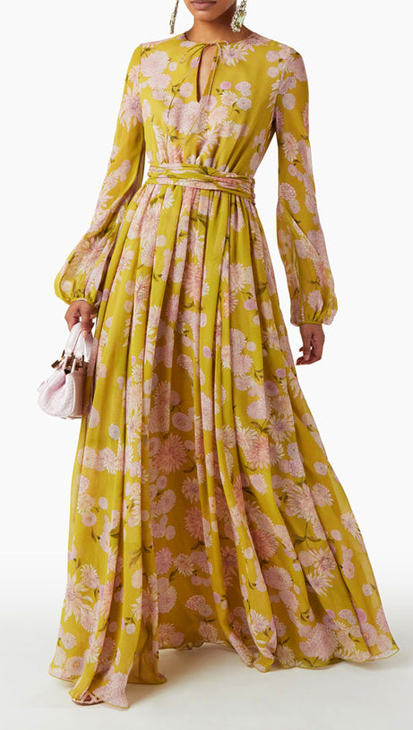 YELLOW FLORAL MAXI DRESS WITH FLOWY SLEEVES AND BELTED WAIST