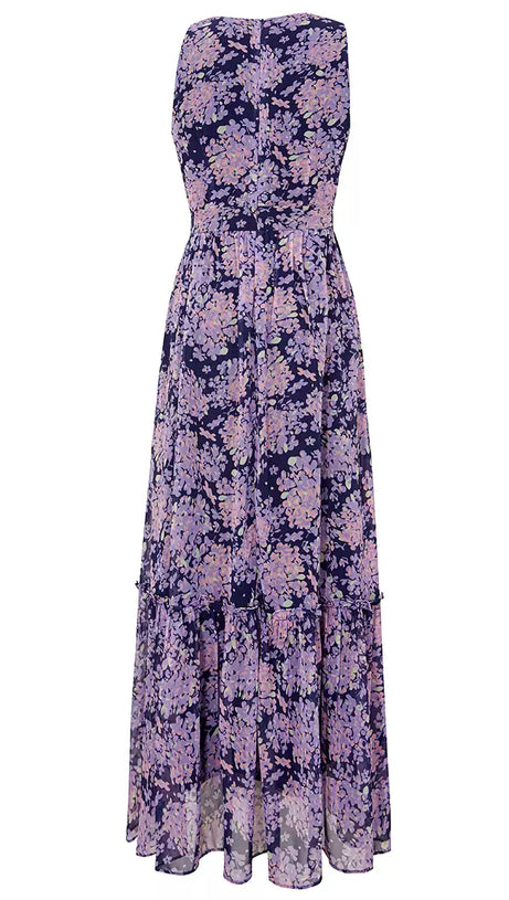 PURPLE ELEGANT FLORAL MAXI DRESS WITH HALTER NECK AND BOW