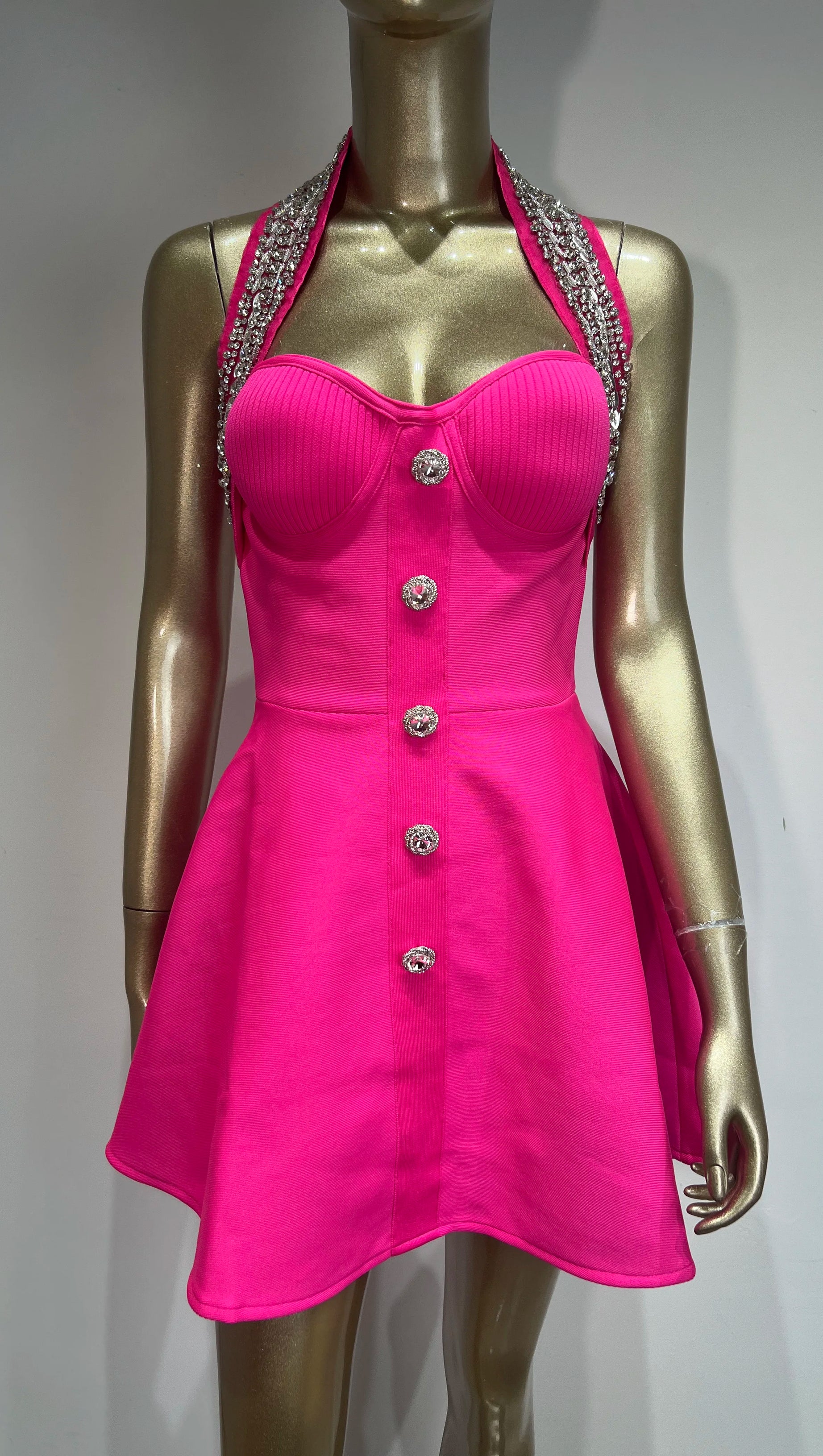 HEDDA RHINESTONE EMBELLISHED HALTER MINI DRESS IN PINK