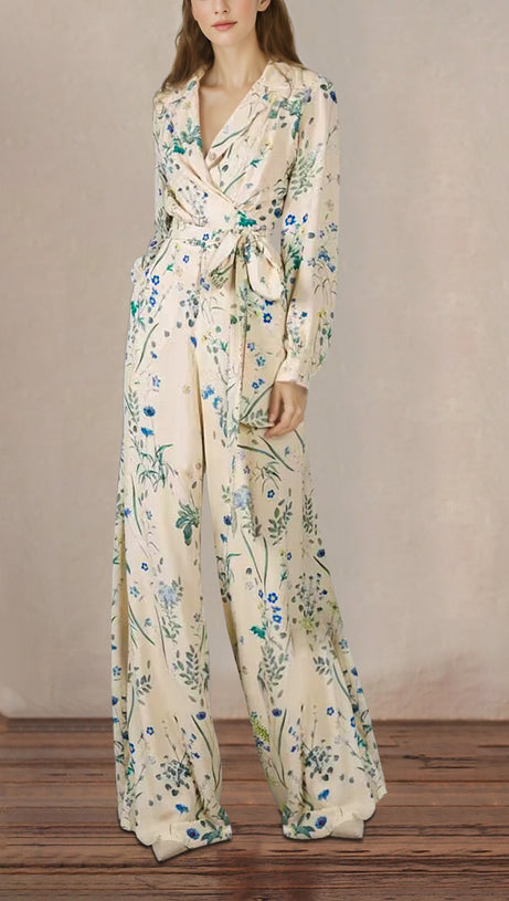 Wickel-Jumpsuit mit Blumenmuster, langen Ärmeln und Taillengürtel 