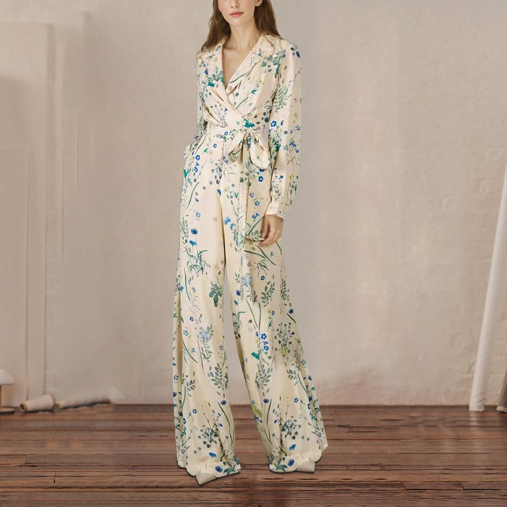 Wickel-Jumpsuit mit Blumenmuster, langen Ärmeln und Taillengürtel 