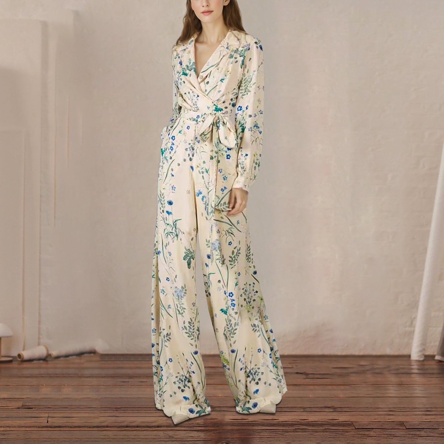 FLORAL PRINT WRAP JUMPSUIT WITH LONG SLEEVES AND WAIST BELT