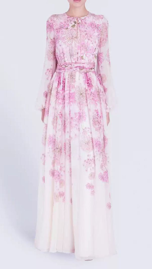 AIIZIE PINK FLORAL CHIFFON MAXI DRESS WITH SHEER SLEEVES - product image