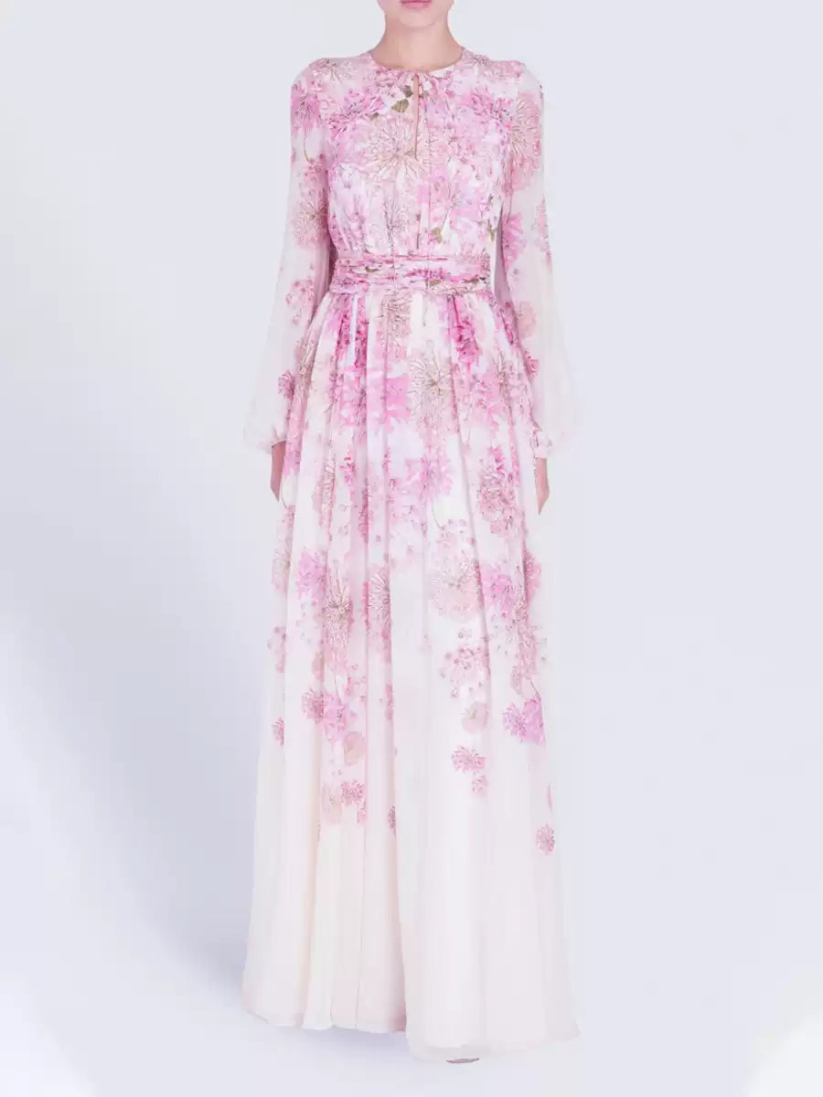 PINK FLORAL CHIFFON MAXI DRESS WITH SHEER SLEEVES