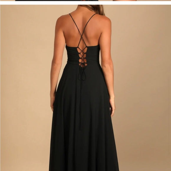 BLACK COWL LACE-UP MAXI DRESS