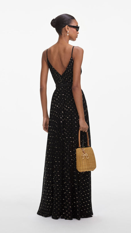 LACE DOT BELTED PLEATED MAXI DRESS