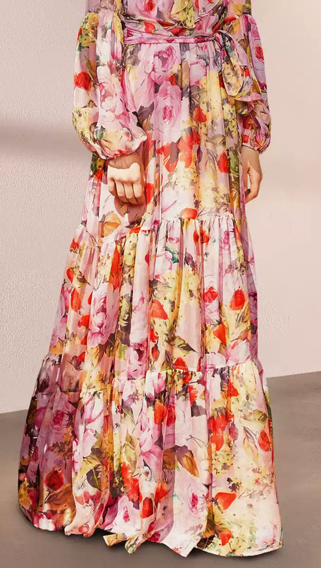 COLORFUL FLORAL LONG SLEEVE MAXI DRESS WITH BELT