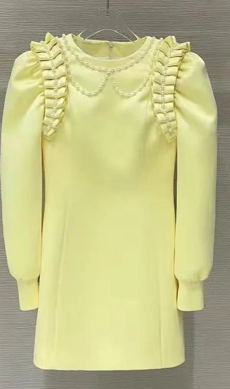 pearl crystal embellished yellow mini dress