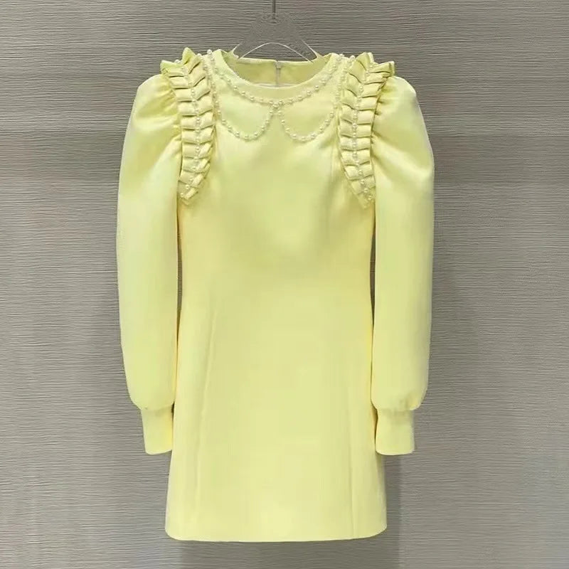 PEARL CRYSTAL EMBELLISHED YELLOW MINI DRESS