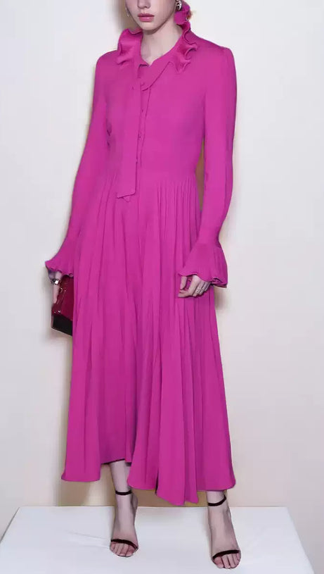 ELEGANT LONG SLEEVE BOW NECKLINE PLEATED MAXI DRESS