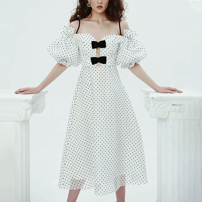 ELEGANT POLKA DOT OFF - SHOULDER MIDI DRESS WITH BOW DETAILS