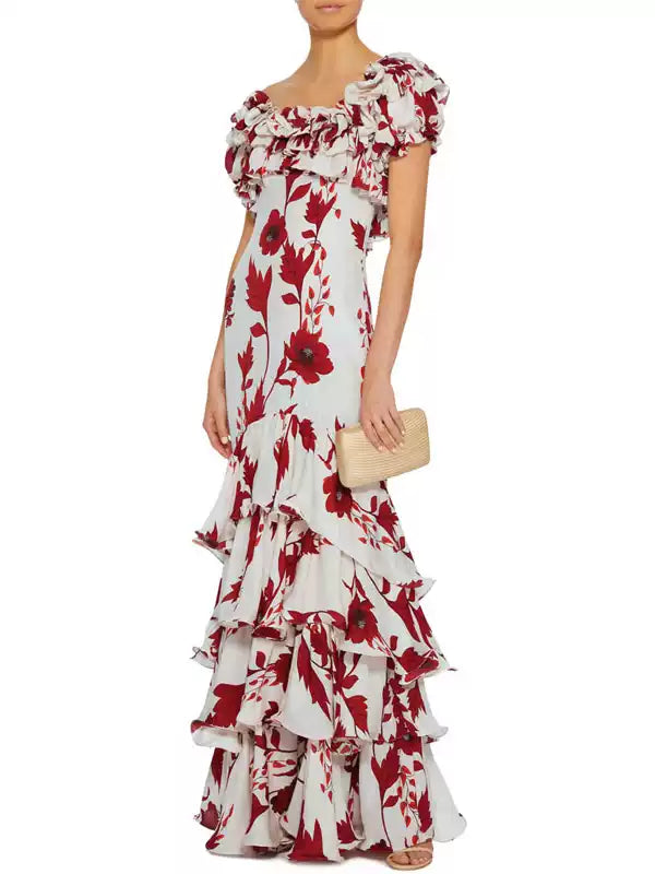 WHITE RED FLORAL OFF - SHOULDER TIERED MAXI DRESS