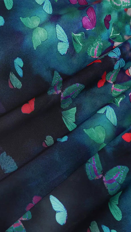 ELEGANT BUTTERFLY - PRINTED MAXI DRESS WITH BELT AND SHEER SLEEVES