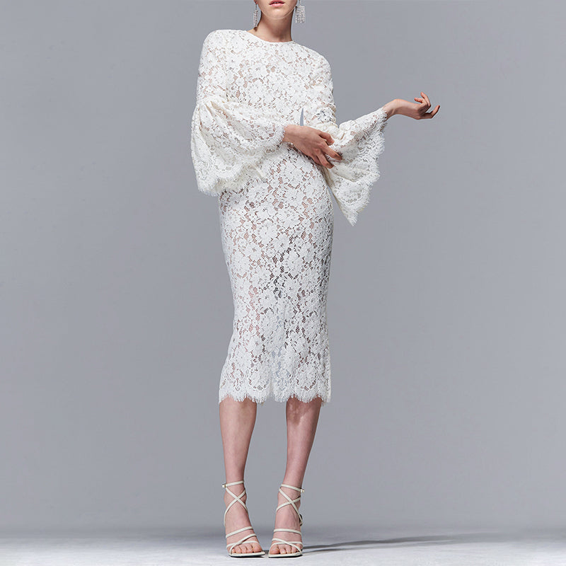 WHITE LACE HOLLOW MIDI DRESS