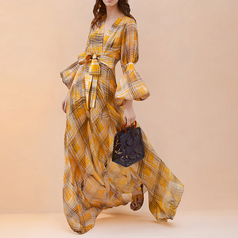 YELLOW PLAID LONG DRESS WITH BELTED WAIST AND FLARED SLEEVES