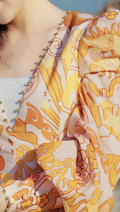 ORANGE PRINT SHEER SLEEVE V - NECK MIDI DRESS