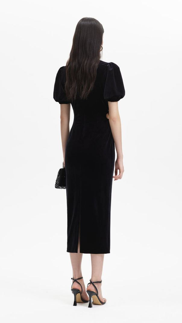 AIIZIE PLEATED VELVET CUT-OUT MIDI DRESS IN BLACK - product image