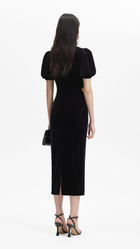PLEATED VELVET CUT-OUT MIDI DRESS IN BLACK