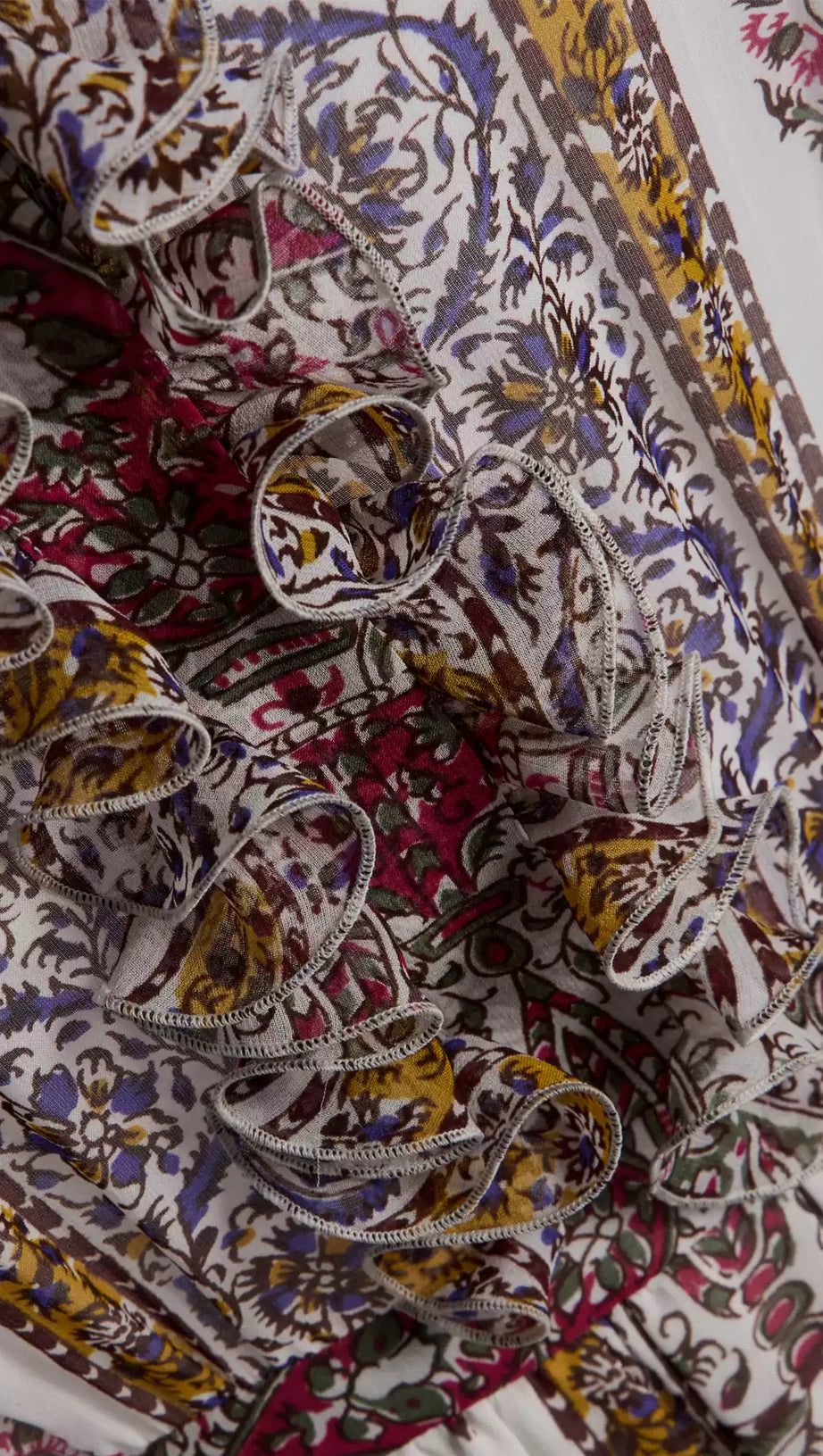 ABITO LUNGO CON STAMPA PAISLEY E VOLANT CON CINTURA IN VITA