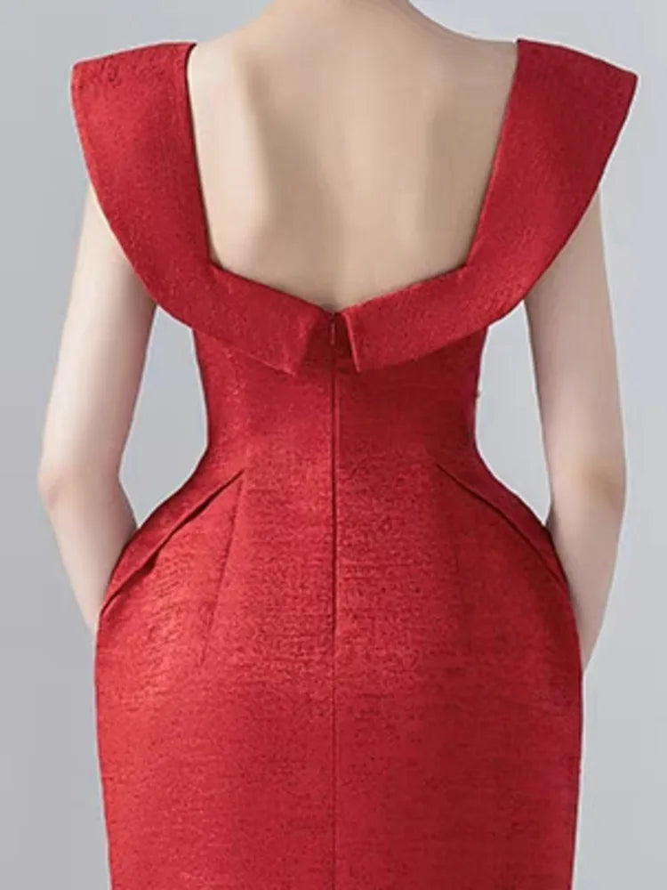 AIIZIE SQUARE NECKLINE BOW MIDI DRESS IN RED - product image