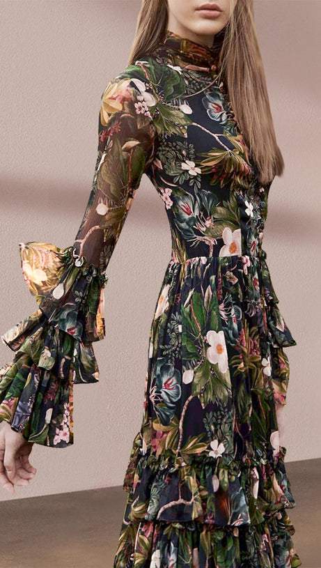 FLORAL PRINT TIERED MAXI DRESS WITH SHEER SLEEVES