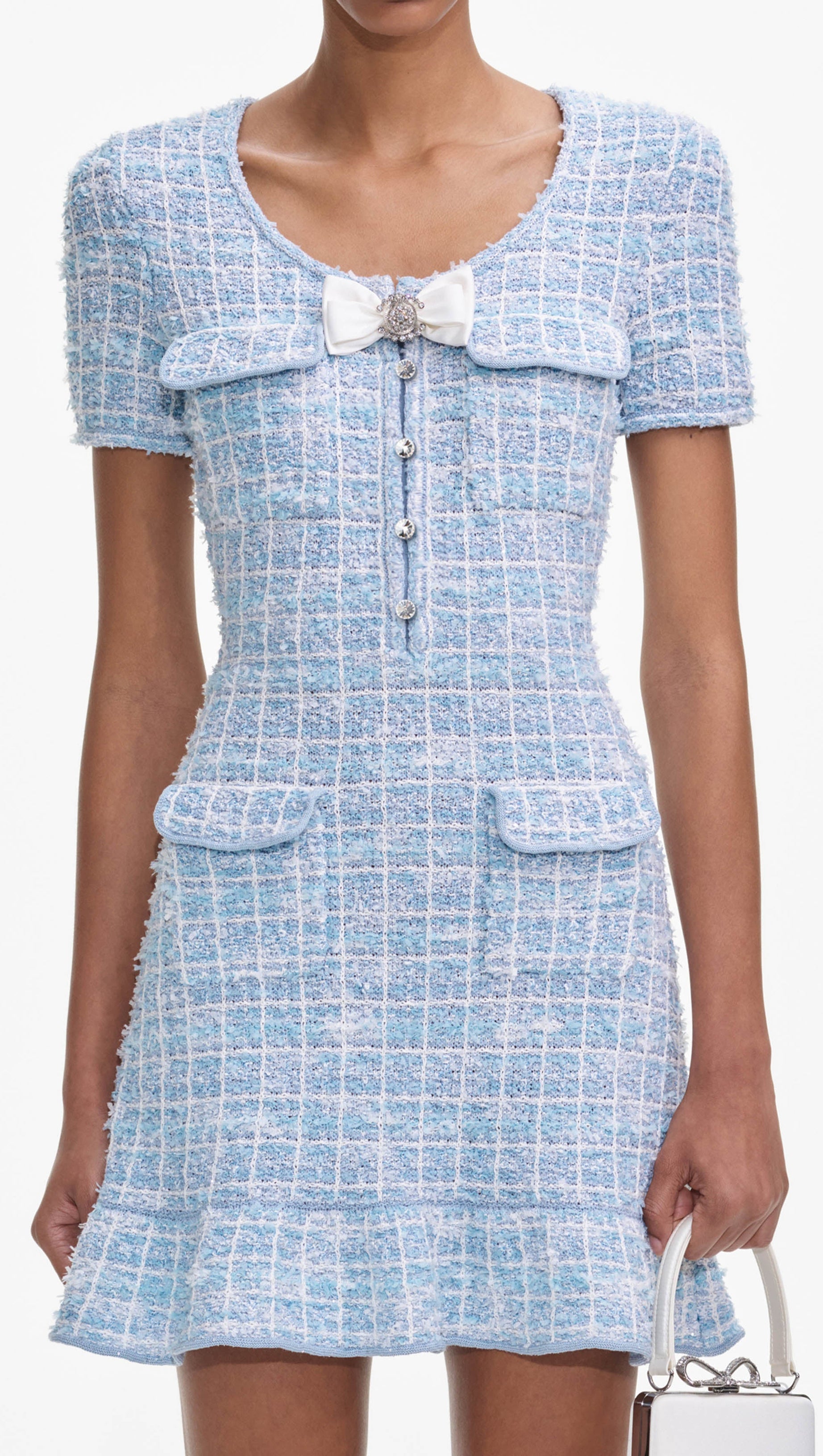 CHECK KNIT MINI DRESS IN BLUE