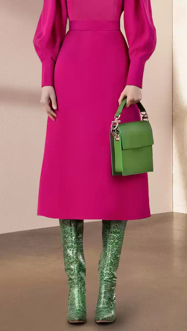 AIIZIE FUCHSIA PUFF SLEEVE MIDI DRESS WITH WAISTBAND - product image