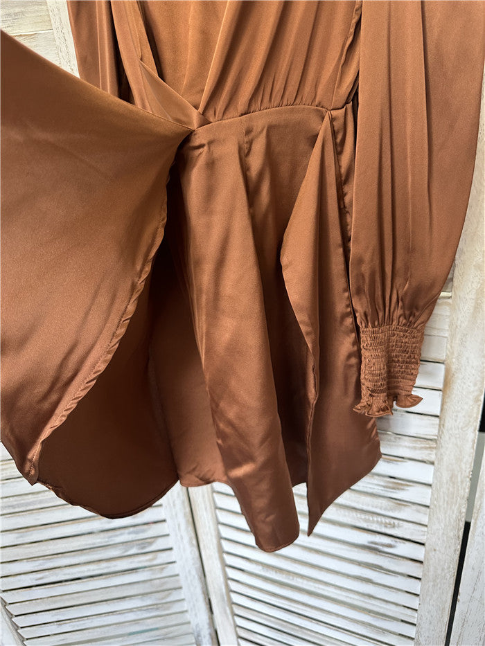 AIIZIE STAND COLLAR WITH IRREGULAR PLEATS MINI DRESS IN BROWN - product image