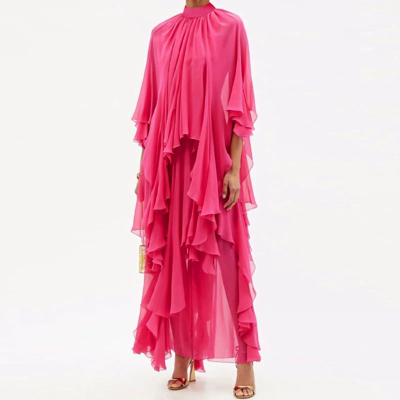 PINK CHIFFON RUFFLED MAXI DRESS WITH HIGH NECKLINE