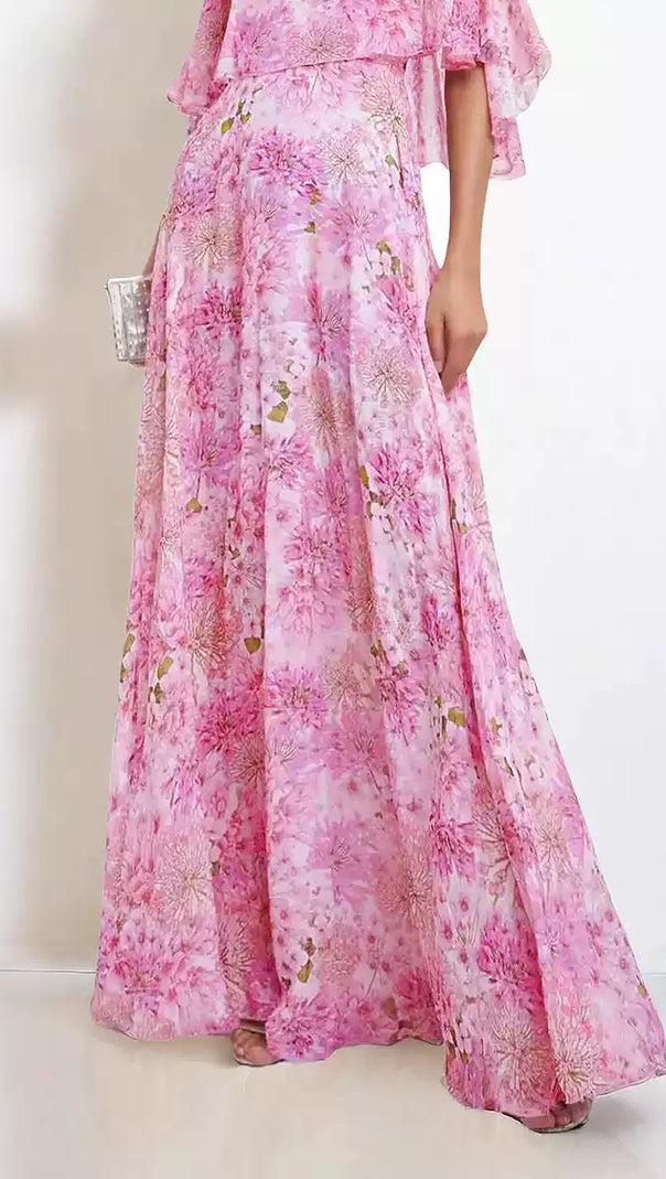 AIIZIE PINK FLORAL CHIFFON CAPE - SLEEVE MAXI DRESS - product image