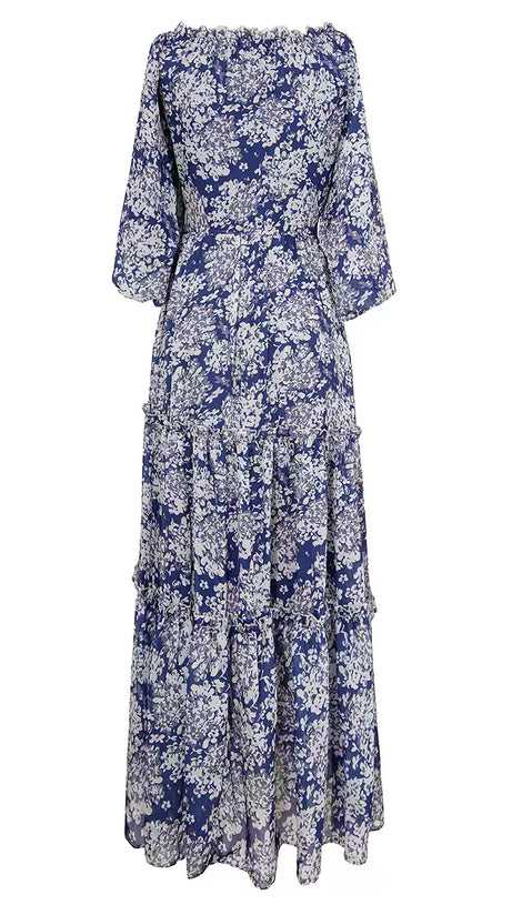 BLUE FLORAL OFF SHOULDER MAXI DRESS WITH TIERED SKIRT