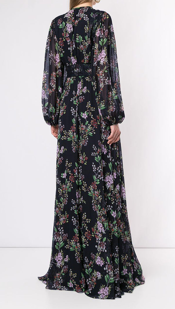 AIIZIE BLACK FLORAL MAXI DRESS WITH SHEER SLEEVES AND LACE DETAILS - product image